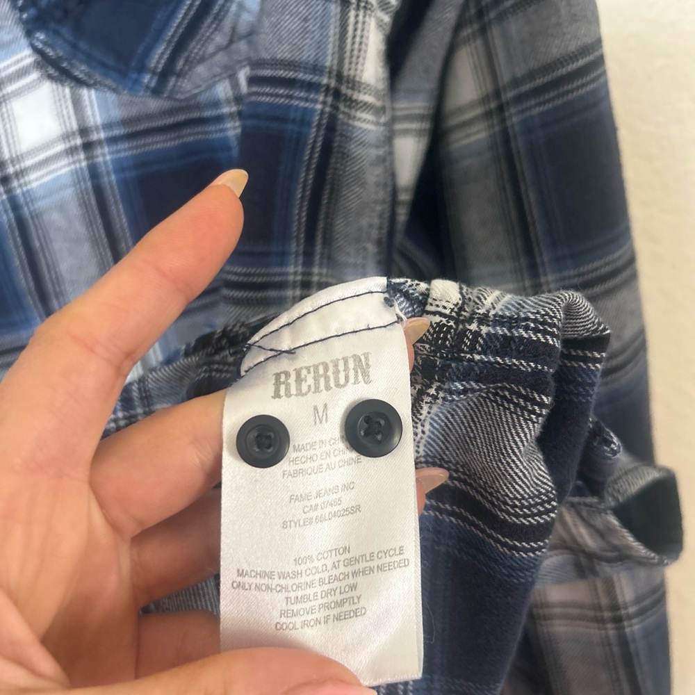 Rerun Men's Blue Plaid Flannel Button Up with Denim Yoke Accents - Picture 2 of 8